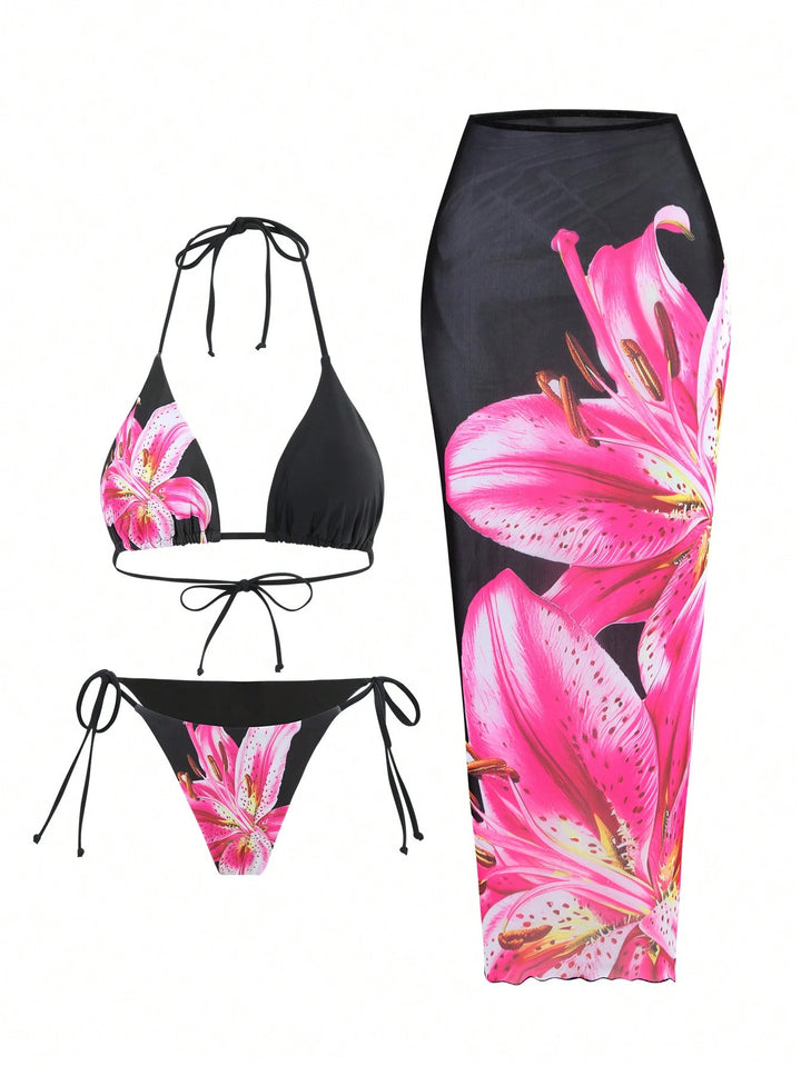 Dame bikiniset med blomster wrap nederdel Skovae