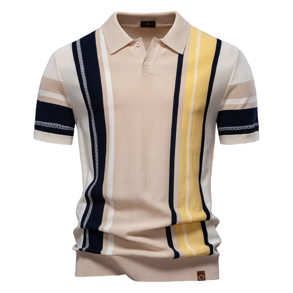 Herre nano retro-inspireret strikpolo med vertikal intarsiestruktur og åben Kent-krave Skovae