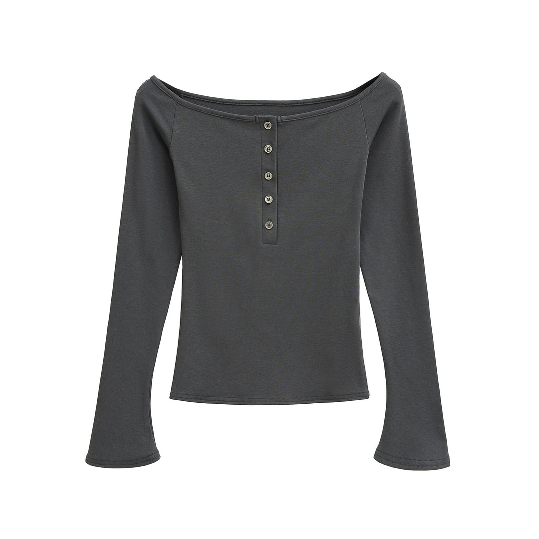 Dame Off-Shoulder Langærmet T-shirt med elegant knapliste og fint ribmateriale Stilla