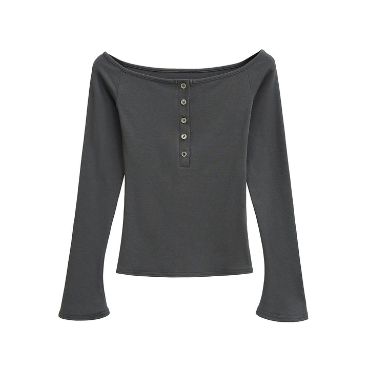 Dame Off-Shoulder Langærmet T-shirt med elegant knapliste og fint ribmateriale Stilla