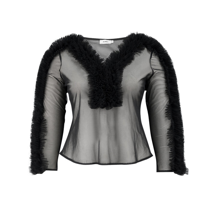 Dame Elegant gennemsigtig bluse med rynkede ærmer Skovae