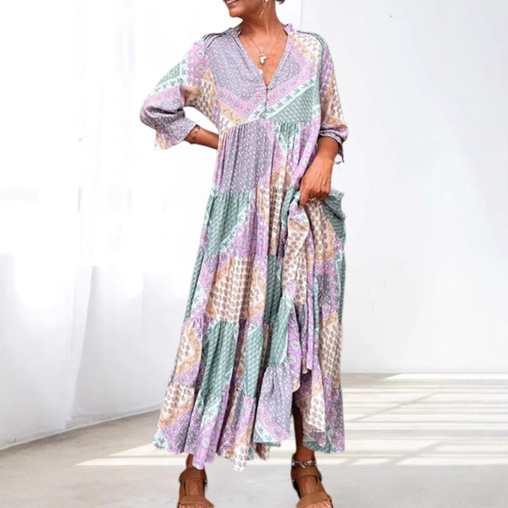 Dame Maxikjole med kunstnerisk patchwork-design Stilla