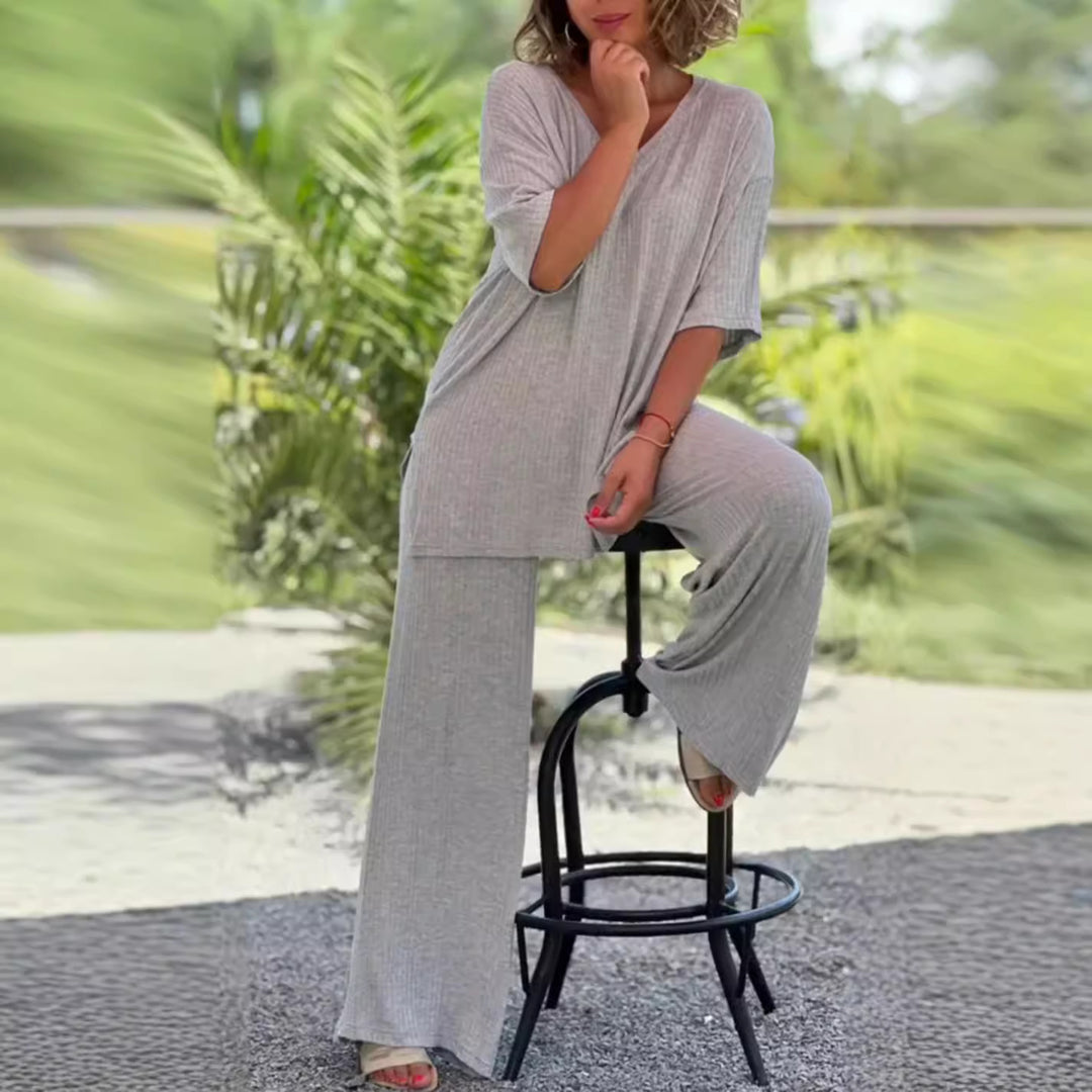 Damer nan to-delt rejse- og loungewear-sæt lavet af blød ribjersey med longline-tunika og palazzo-bukser Skovae