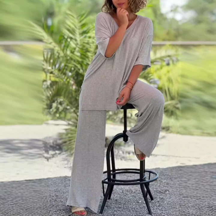 Damer nan to-delt rejse- og loungewear-sæt lavet af blød ribjersey med longline-tunika og palazzo-bukser Skovae