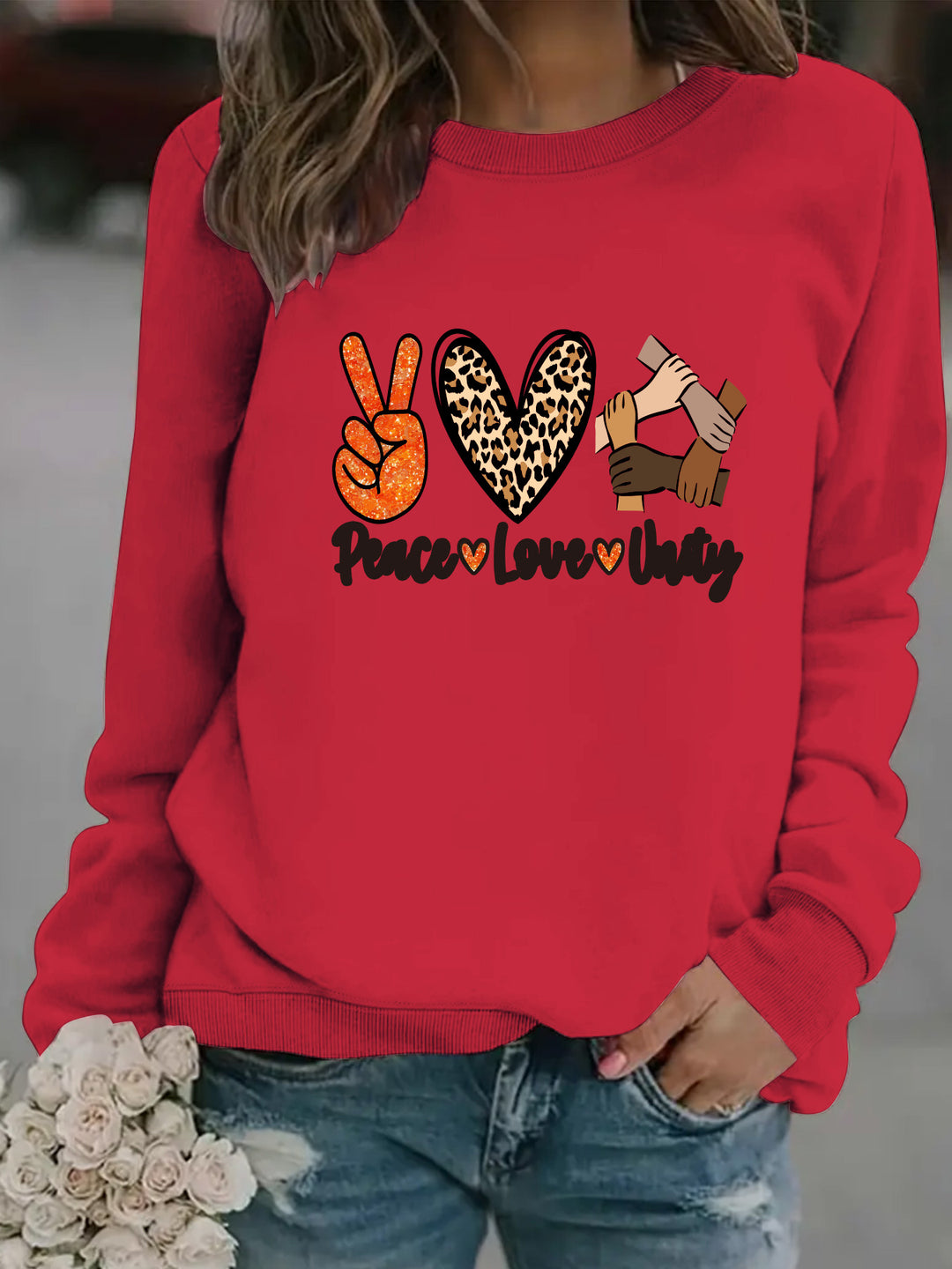 Kvinders sweatshirt med kreativt Peace, Love & Unity design Stilla