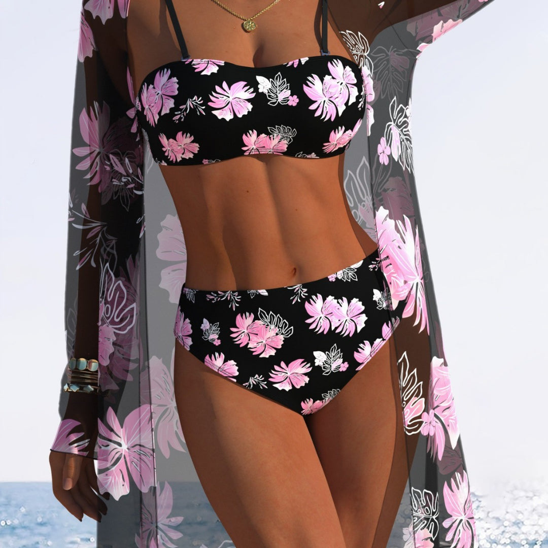 Dame Bikini-sæt med blomstret design og transparent strandjakke Skovae