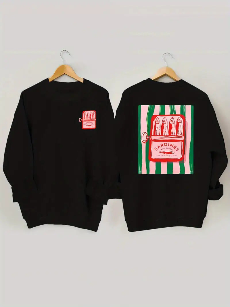 Kvindernes sweatshirt med kreativ sardinegrafik og afslappet pasform Stilla