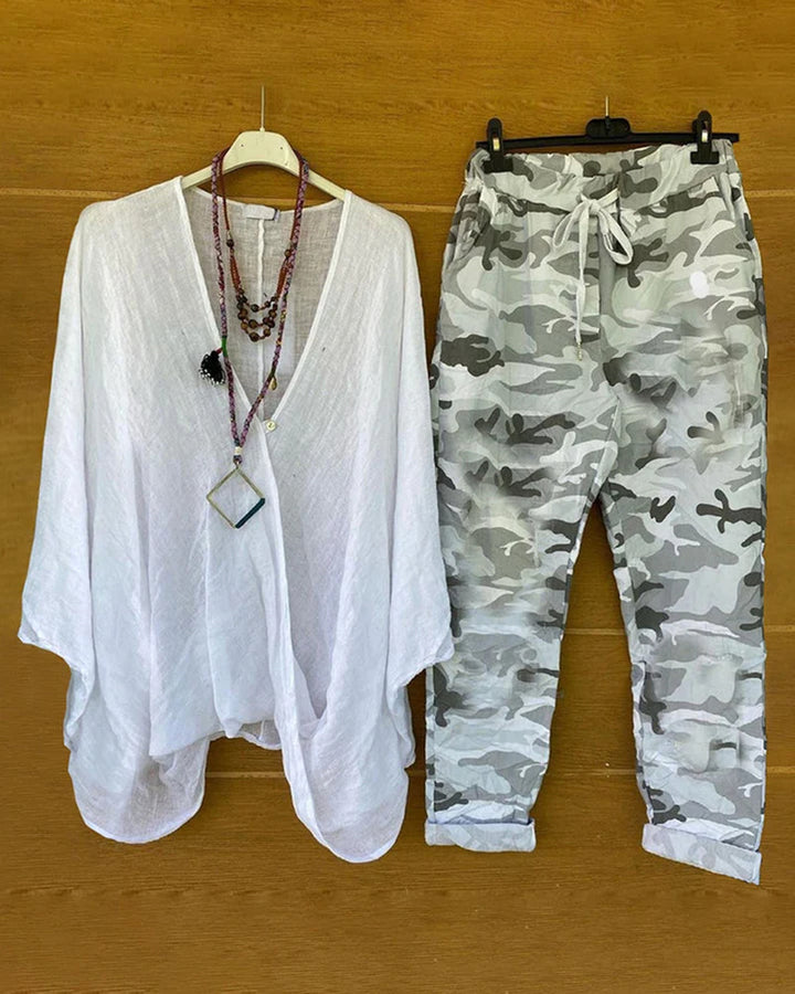 Dame nan to-delt outfit af flydende kimono-top og camouflage-joggingbukser Skovae