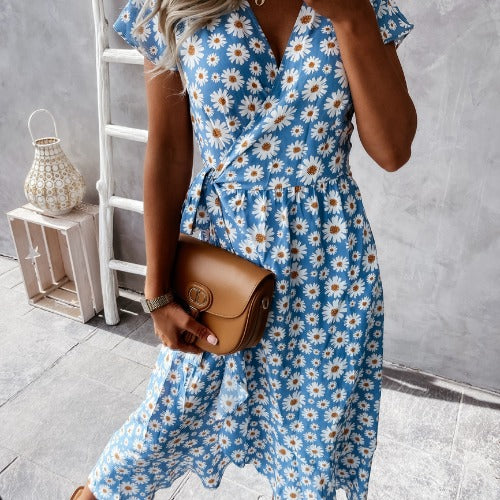 Dame Floral Print Wrap Midi Kjole Stilla