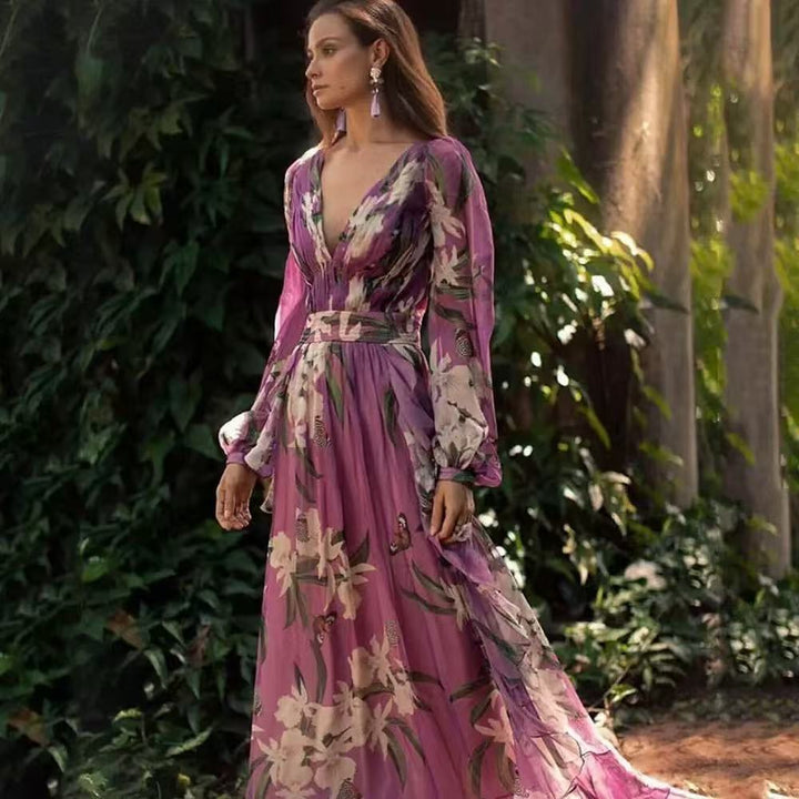 Dame Boho Maxi-Kjole med dyb V-udskæring og elegante puffærmer Stilla