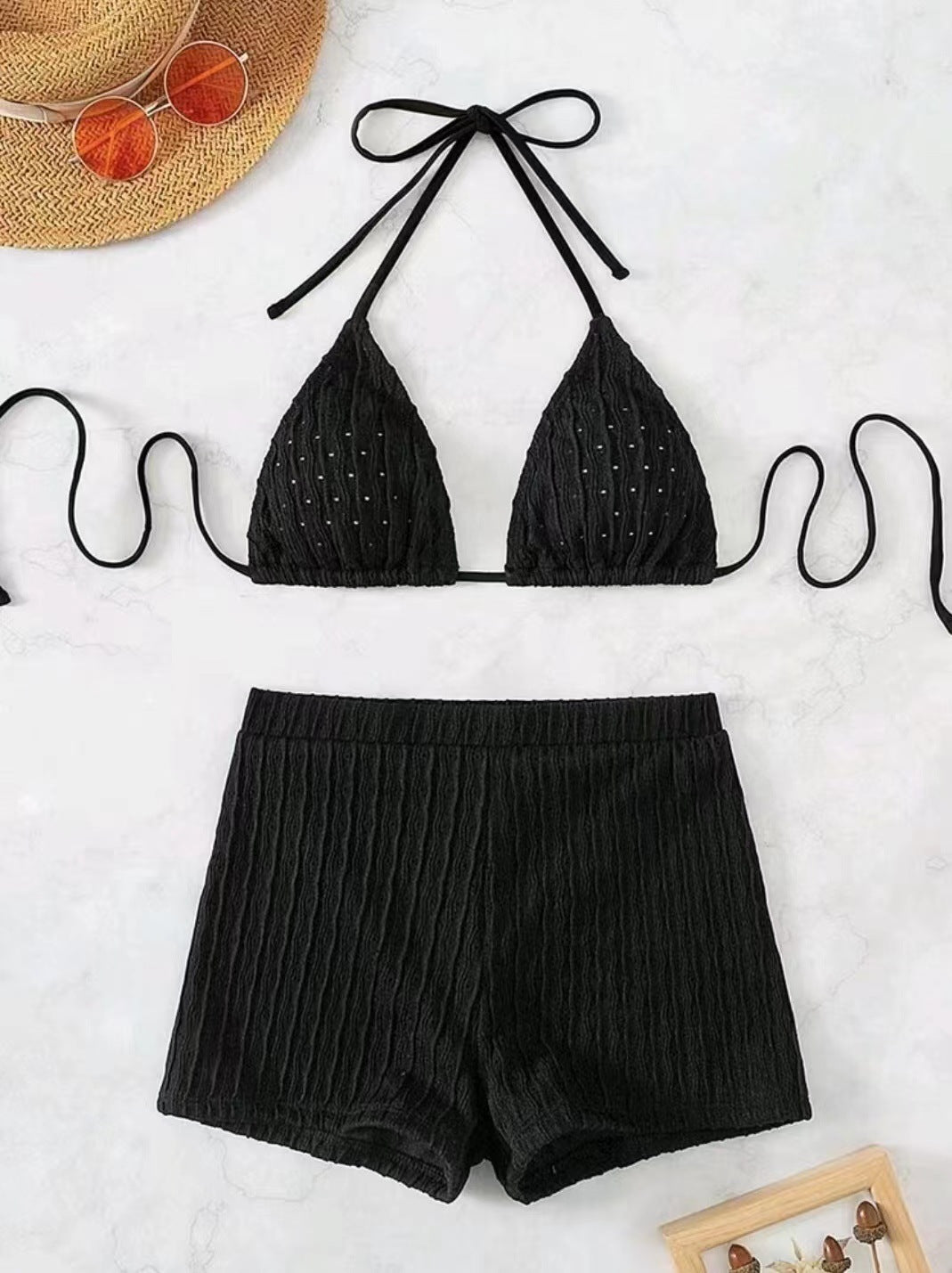 Dame triangel-bikini med strukturerede shorts og justerbare stropper Stilla