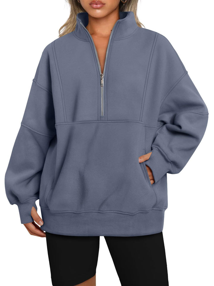 Dame Sporty Hoodie med halvdelen lynlås og voluminøse ærmer Stilla