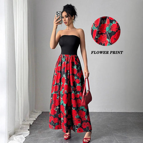 Dame uden stropper maxikjole med figursyet bandeau-overdel og udstillet rose-print-nederdel Skovae