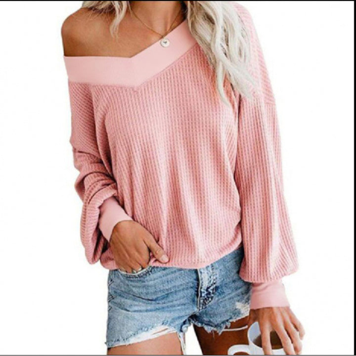 Kvindernes Oversized Bomuldsbluse med Casual V-Hals og Rib Detaljer Stilla