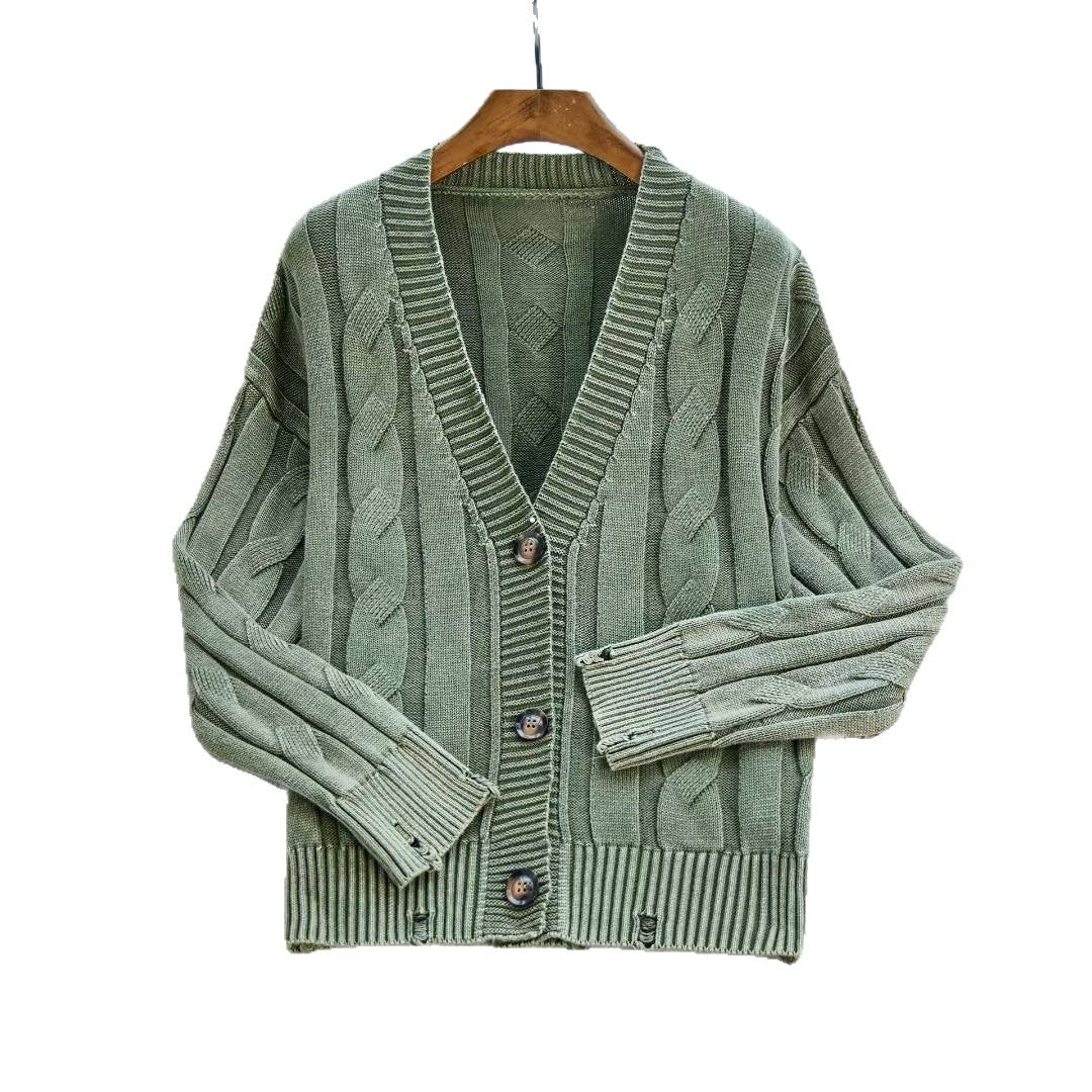 Kvinders chunky strik cardigan med V-hals og dekorativt kabelmønster Stilla