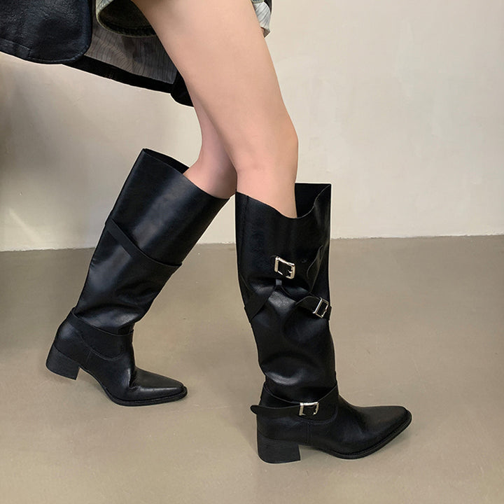 Dame elegante Overknee-støvler med fashionable stropper og blokeret hæl Stilla
