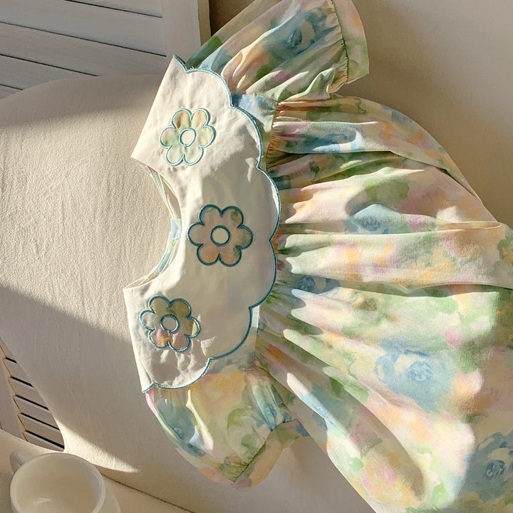 Pige blomsterprint vintage-inspireret kjole med broderet krave Stilla