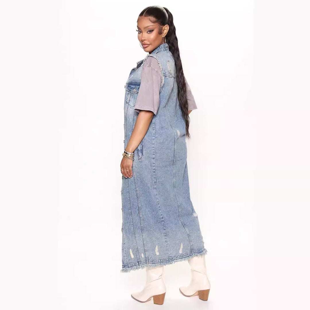 Dame Langærmet Denim- frakke med ukonventionelt design Stilla