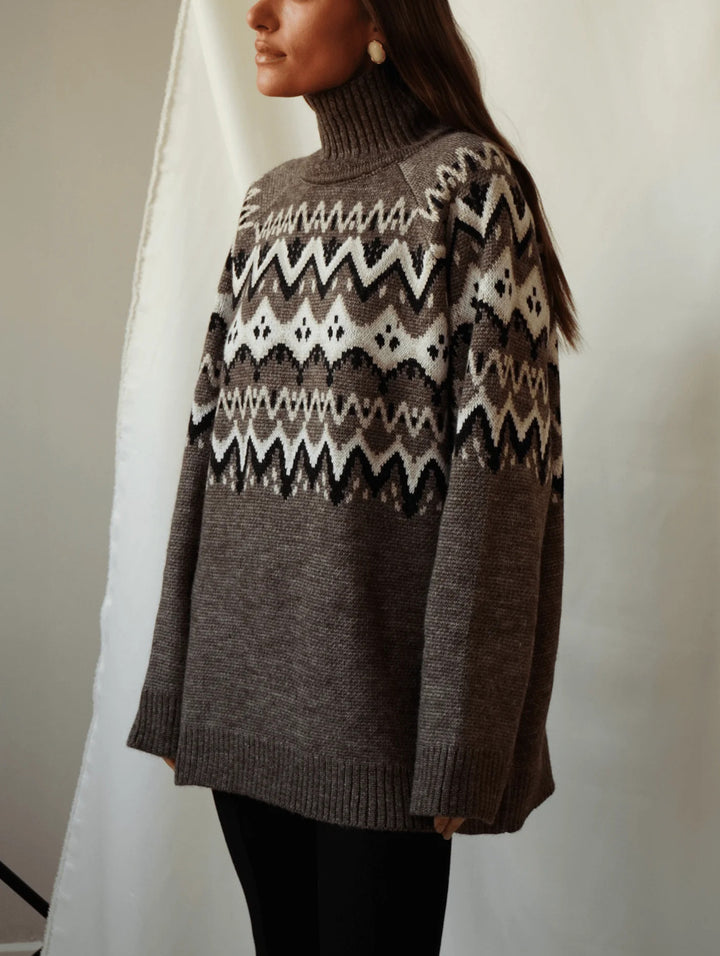 Kvinders chunky strik sweater med høj krave og geometrisk mønster Stilla
