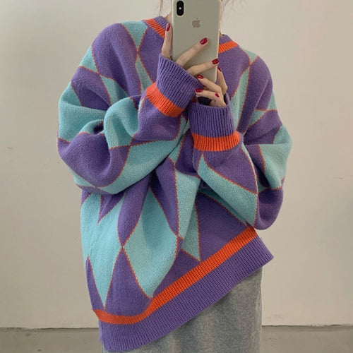 Kvinder's oversized strikket sweater med geometrisk mønster og farve kontraster Stilla