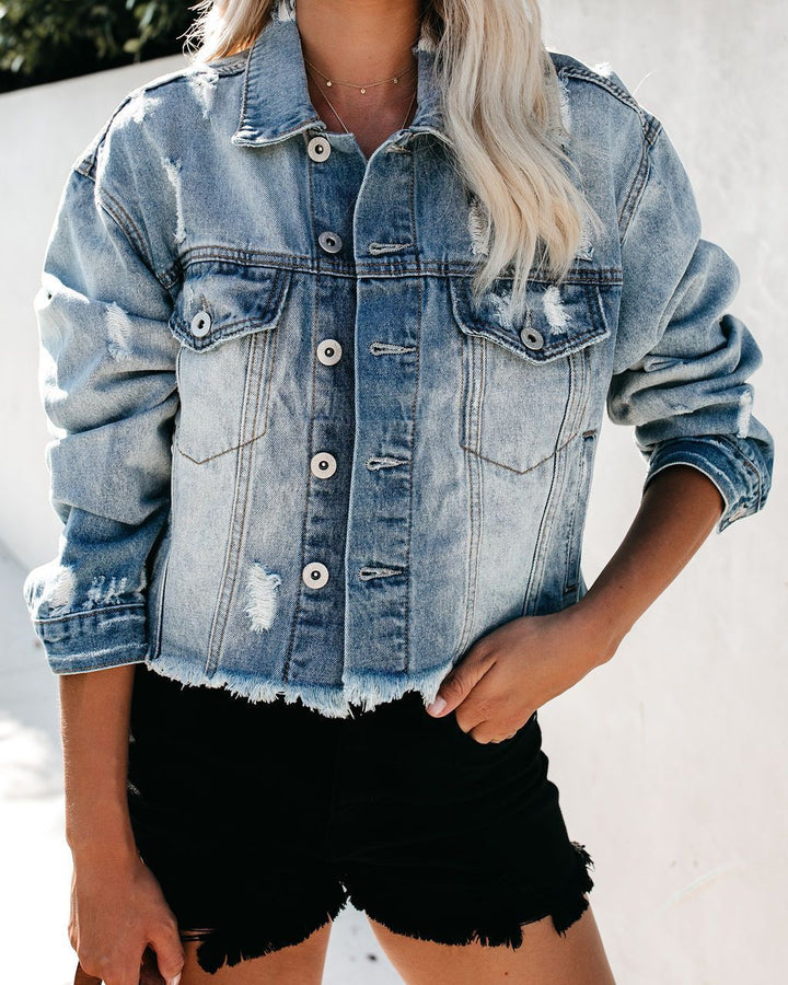 Dame afslappet denimjakke med stilfuldt used-look og iøjnefaldende frynser Stilla