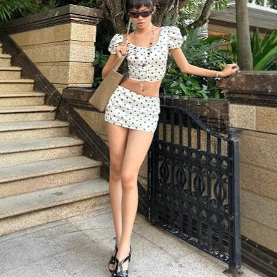 Femme Polka Dot Crop Top og Mini Skirt Sæt Stilla