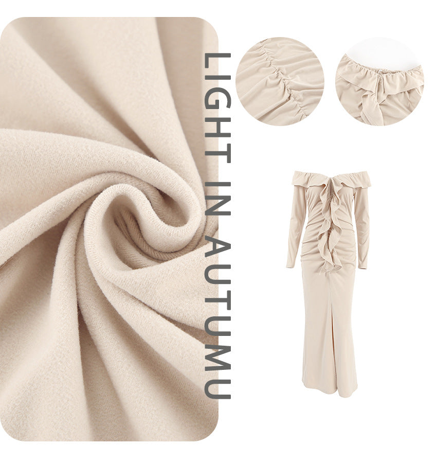 Dame Off-Shoulder Maxikjole med elegant flæse-design og sidel cirkel Stilla