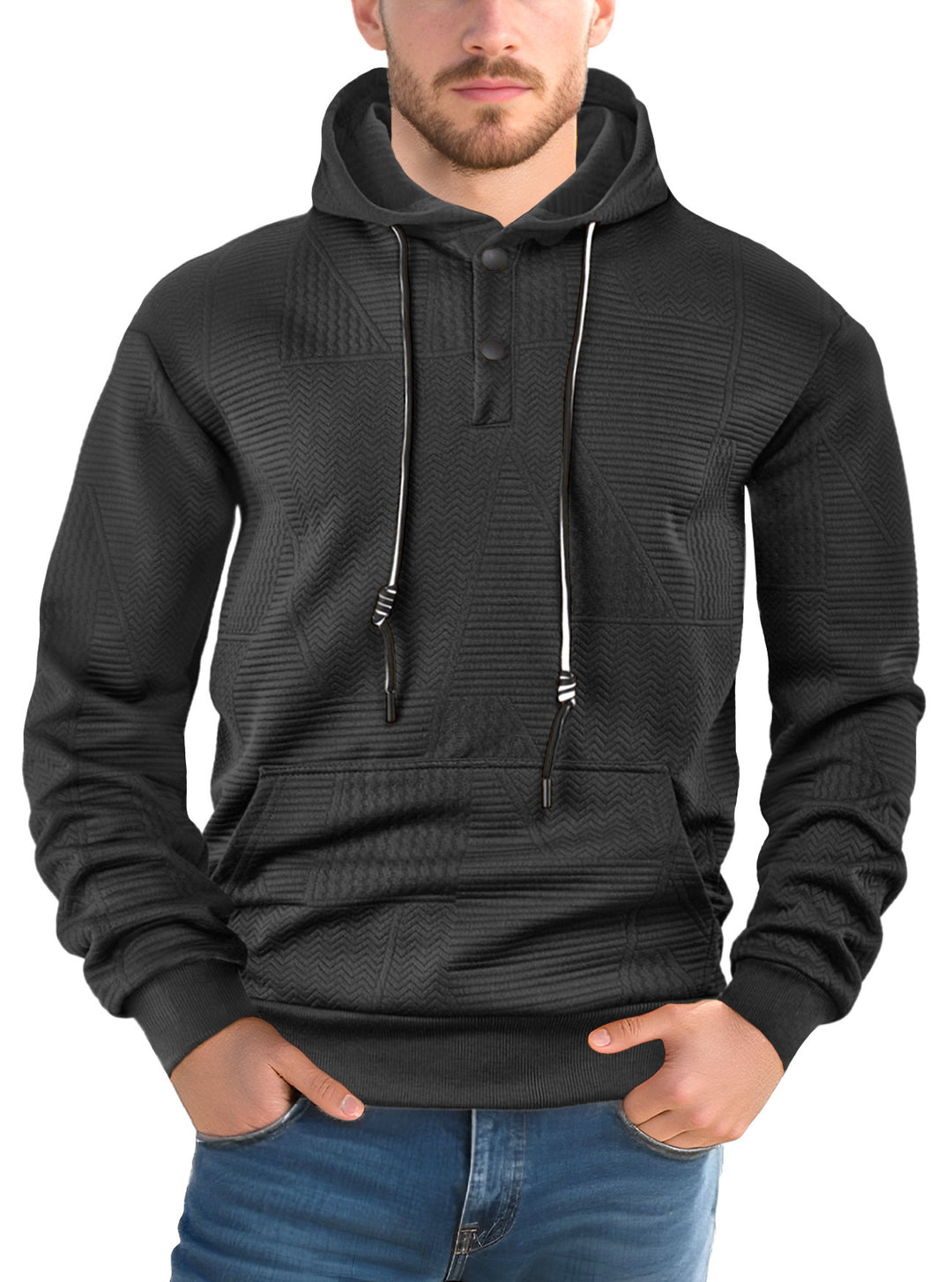 Herren nan struktureret hoodie med trykknaplukning og kængurulomme Skovae