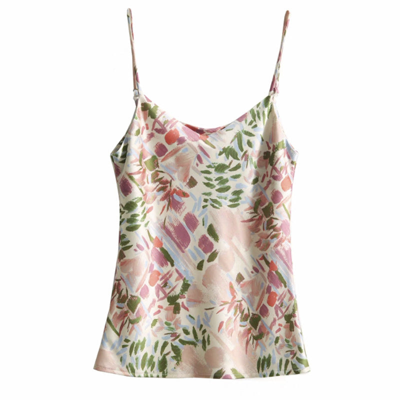 Dame Spaghettistrap Bluse med blomsterprint og fin satinfinish Stilla