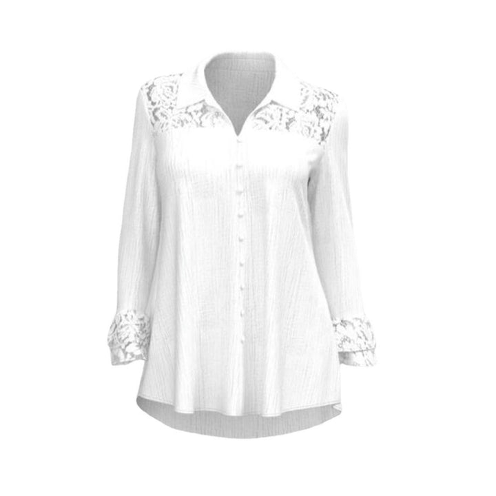 Dame nan halvtransparent kreppet bluse med spidsgennemsnit, stofbetrukne knapper og trekvart volantsleeves Skovae
