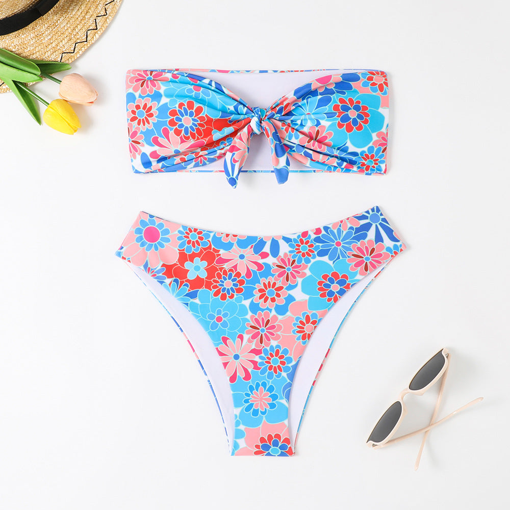 Damer Bandeau Bikini med moderne blomsterprint og legende knudedetalje Skovae