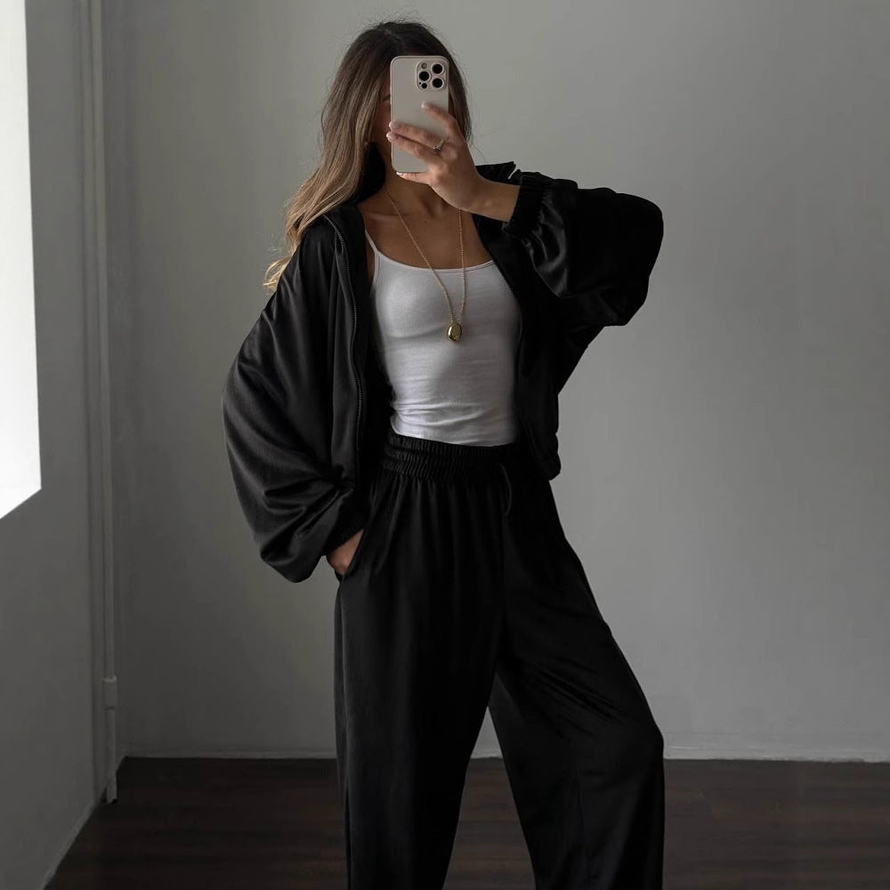 Kvinders fleece loungewear sæt med høj krave og elastisk taljebånd