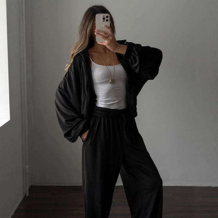 Kvinders fleece loungewear sæt med høj krave og elastisk taljebånd