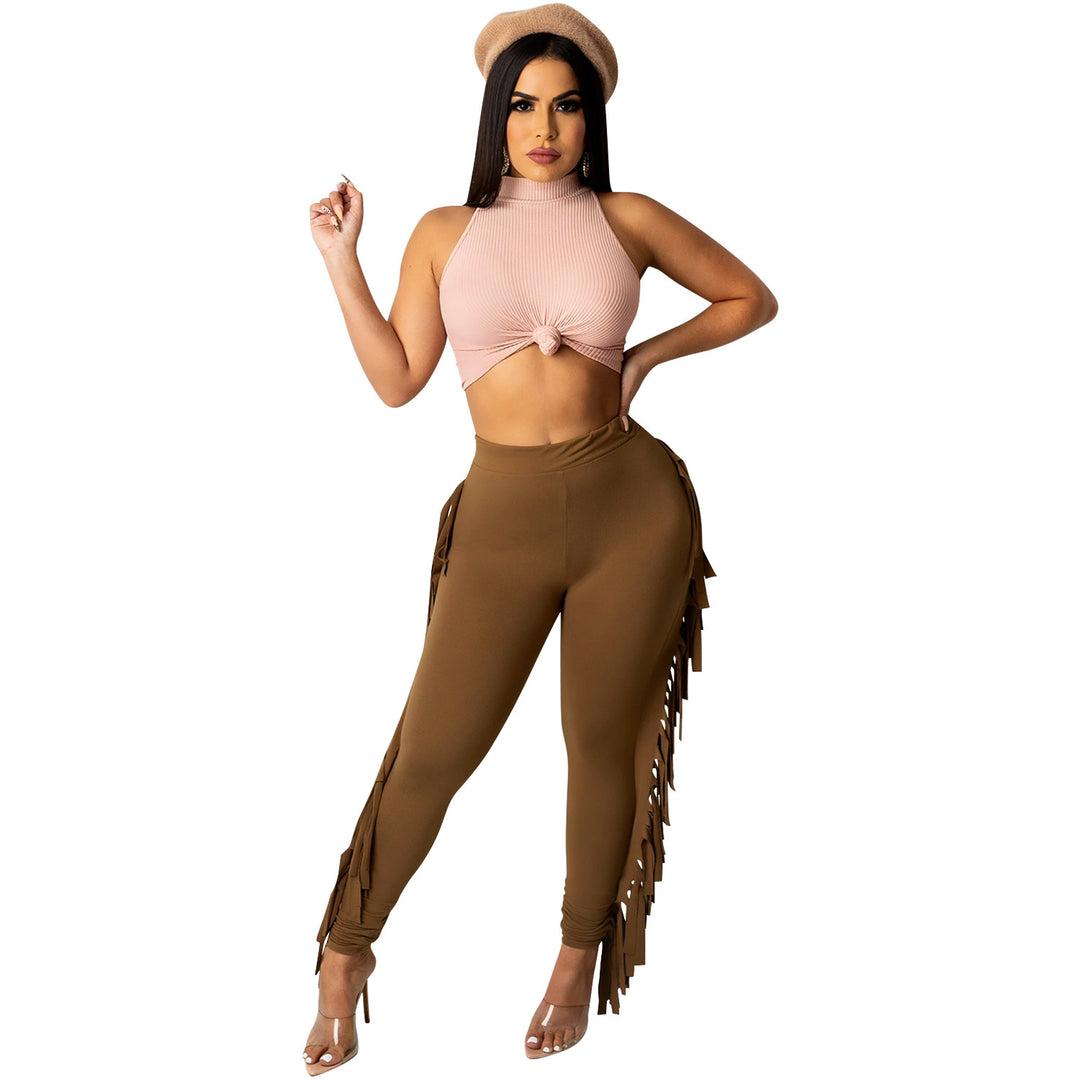 Dame Figurtilpassede High-Waist Leggings med frynser og elastisk talje Stilla