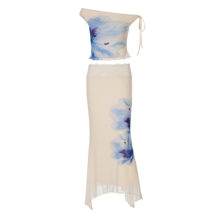 Dame Elegant Off-Shoulder Sæt med blomsterdesign og asymmetrisk kant Stilla