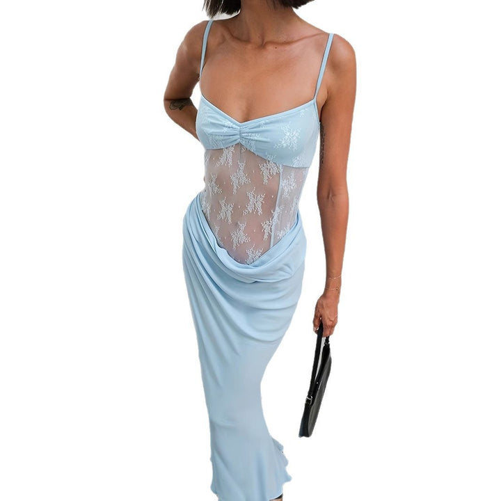 Dame Elegant Maxikjole med transparente spidsedetaljer og tætsiddende snit Skovae