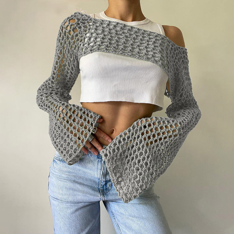 Dame hæklede langærmet top med off-shoulder design Skovae