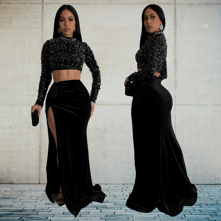 Dame Glitrende Crop-Top med lange ærmer og elegant Maxi-nederdel Kombination Stilla