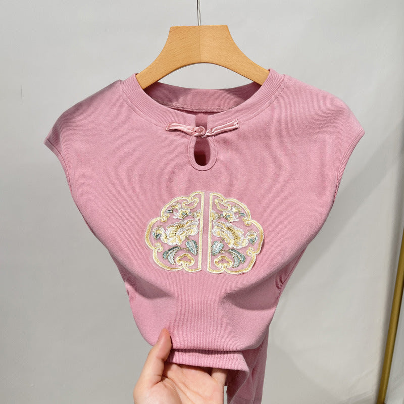 Dame T-shirt med kunstnerisk broderidesign og innovativ slids Stilla