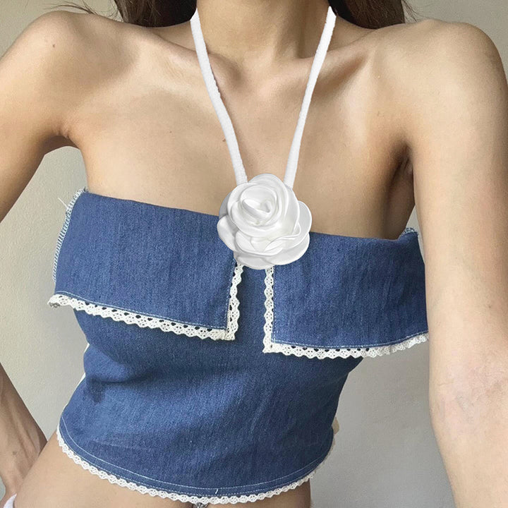 Dame Crop-Top med blomsterapplikation og dekorativ skæring Stilla