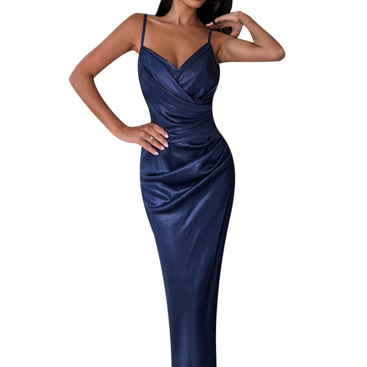Kvinder Elegant Satin Maxi Kjole med Dyb Slids og Justerbare Stropper Stilla