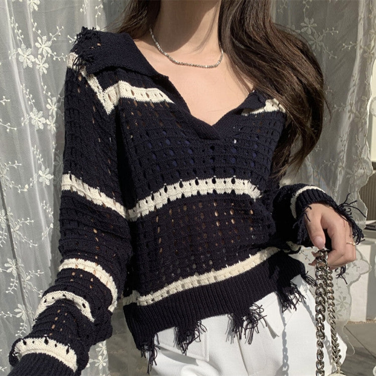 Kvinders luftige strikket sweater med moderne mesh-design og kontinuerligt stribemønster Stilla