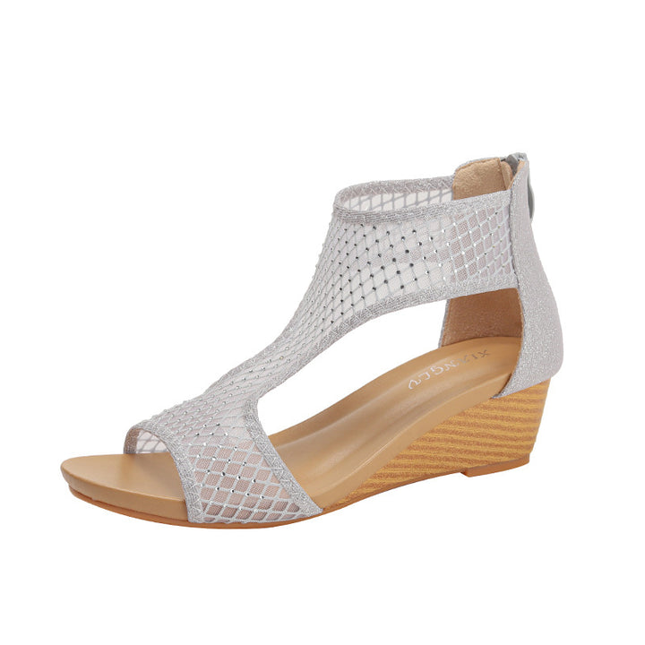 Damer Open-Toe Wedge Sandaler med netmønster og glimmersten-applikationer Stilla