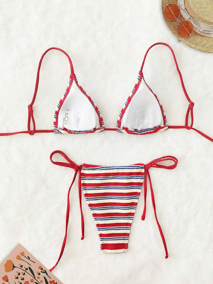 Dame triangel-bikini med farverigt stribemønster Skovae