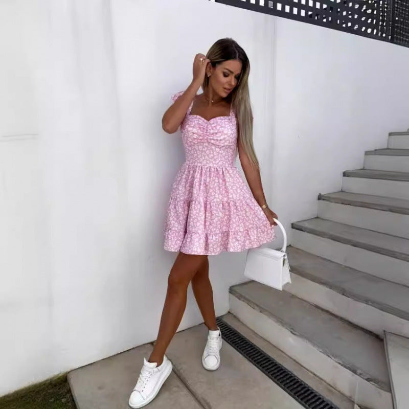 Dame Floral Print Laget Mini-Kjole med Justerbare Stropper Stilla
