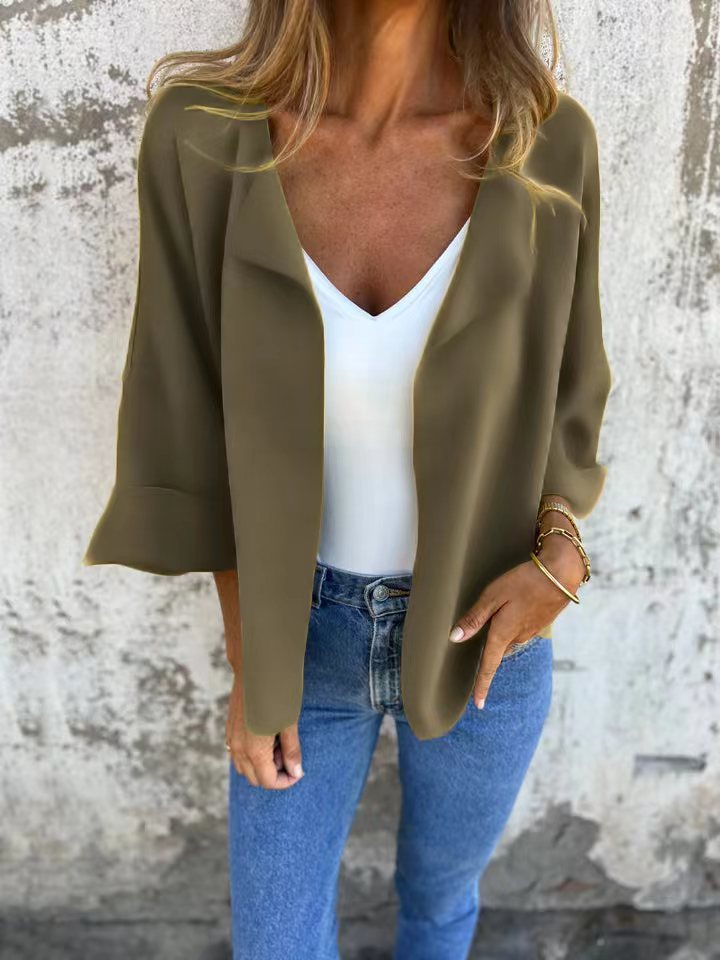Dame nan lette åben strik cardigan med sjalskrave, opsmøgede ærmer og kasseformet silhuet Skovae