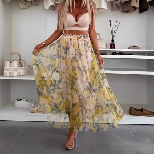Dame maxi nederdel lavet af let chiffon med blomstermønster Stilla