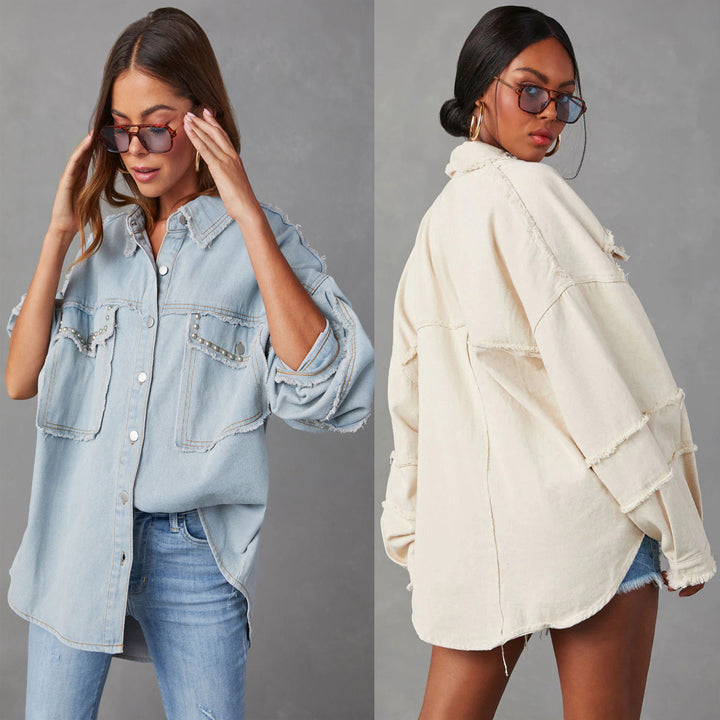 Dame Oversized Denim Skjorte med Frynser og Lommer Stilla