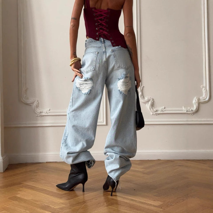Kvinders Baggy Jeans i Vintage Stil med Slidte Detaljer og Høj Talje Stilla