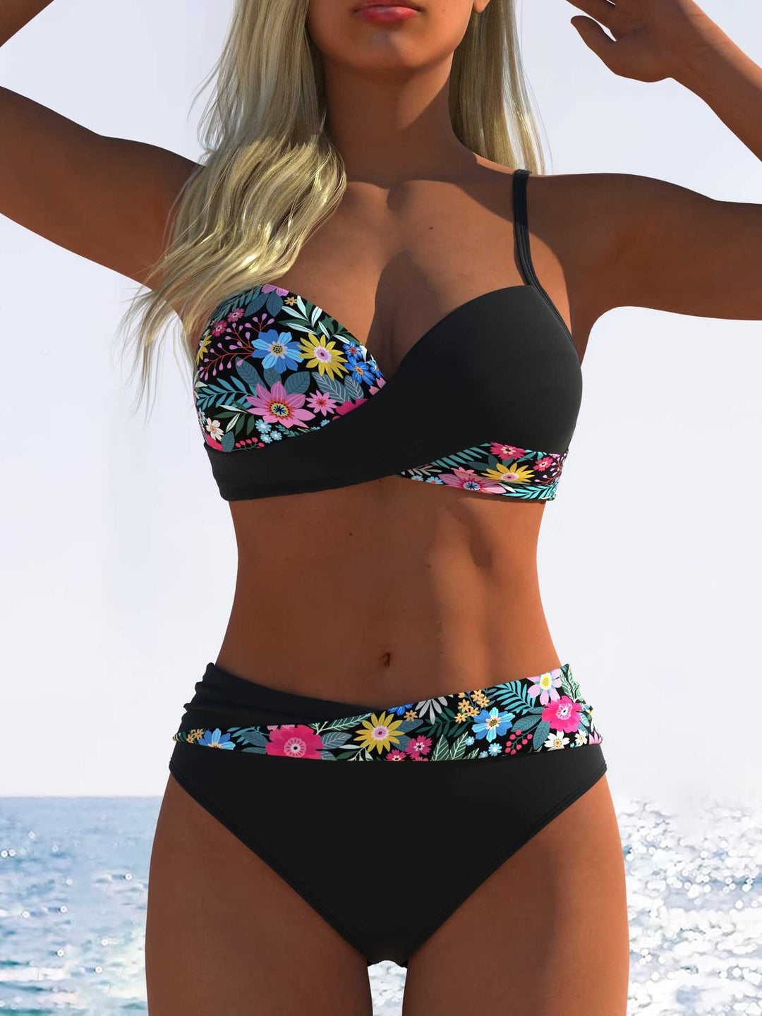 Dame Bikini-Sæt med blomster-wrap-mønster og behagelige high-waist-trusser Skovae